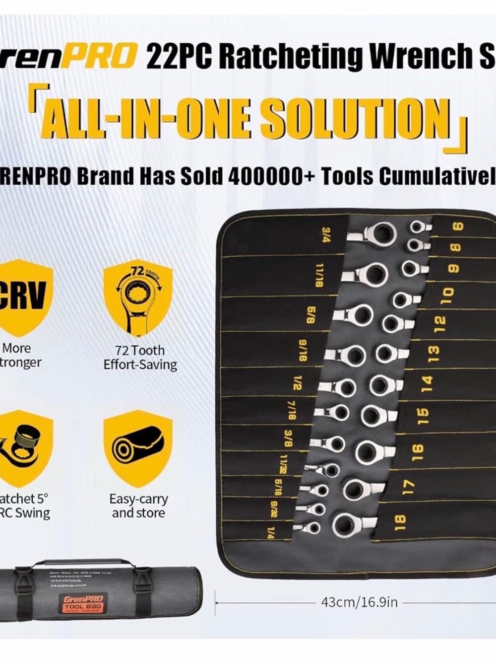 GrenPro 22-Piece Ratcheting Wrench Set in Black and Yellow